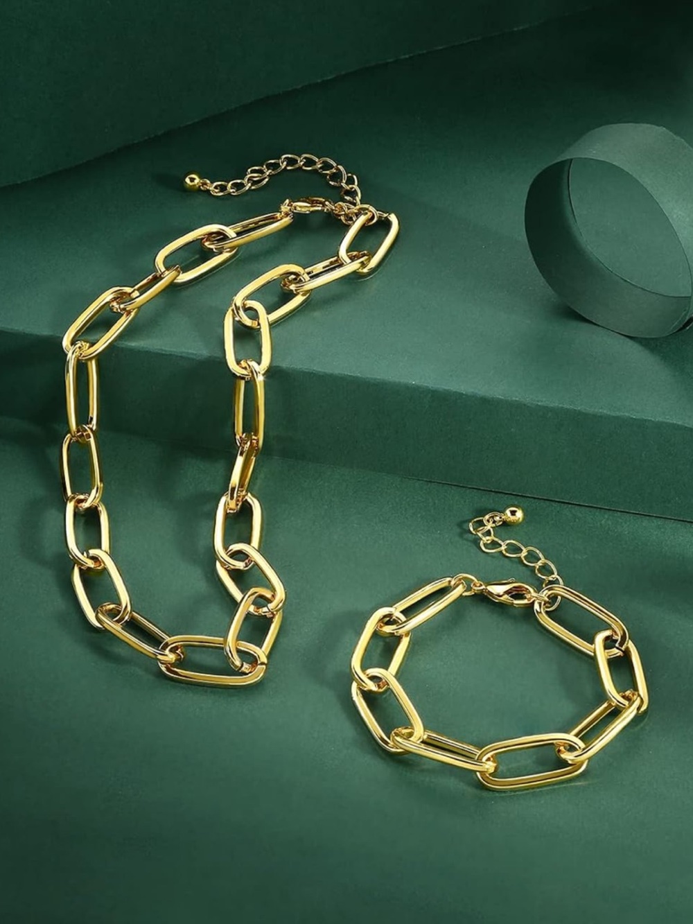 Gold Link Chain Necklace and Bracelet Set